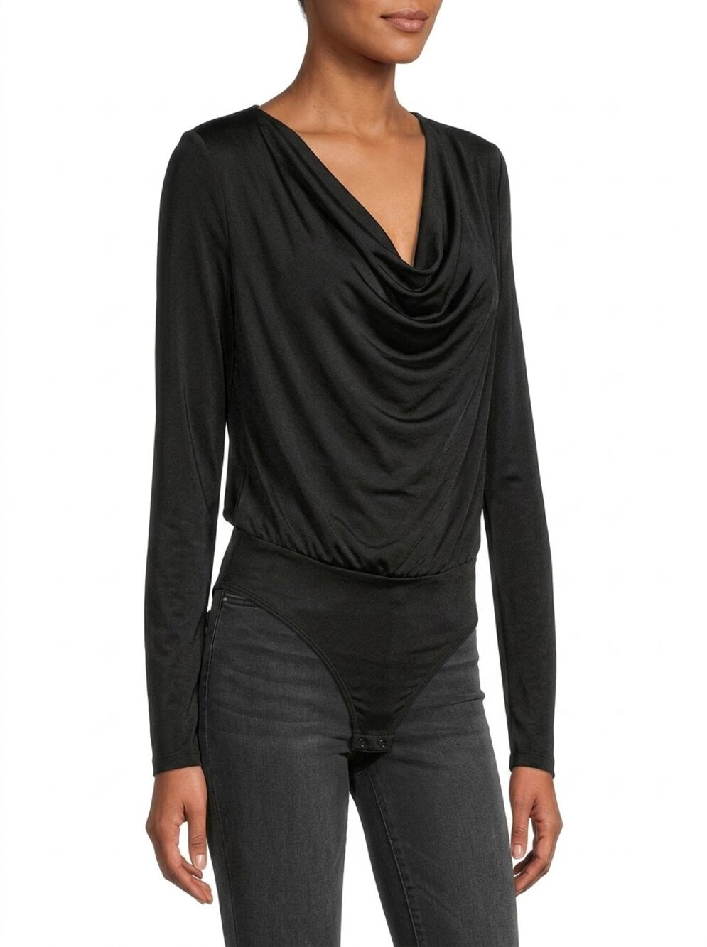 Express Black Cowl Neck Draped Long Sleeve Bodysuit Women Petite Size S/P